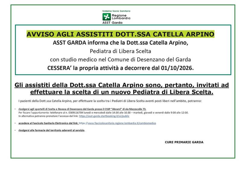 AVVISO AGLI ASSISTITI DOTT.SSA CATELLA ARPINO